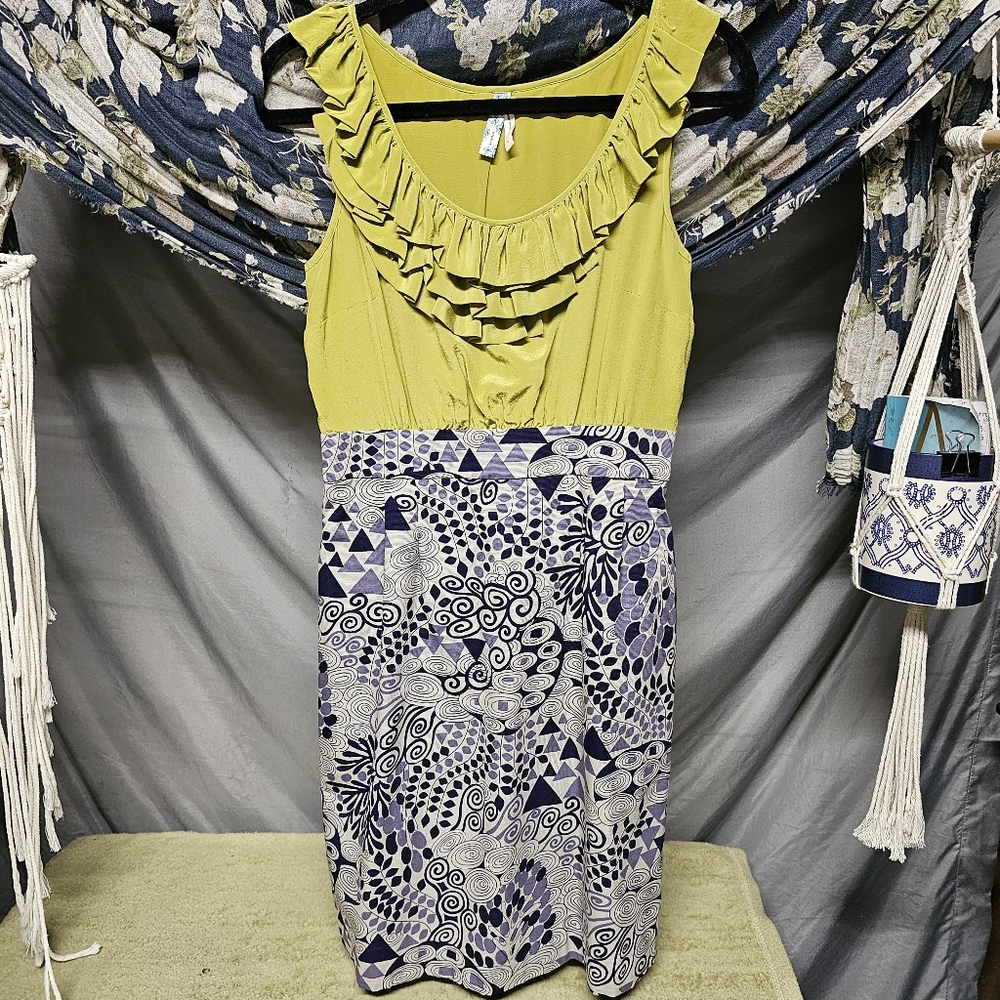 Anthropologie | Maeve | Silk Chartreuse Ruffle Top Cotton Pencil Skirt Dress sz4